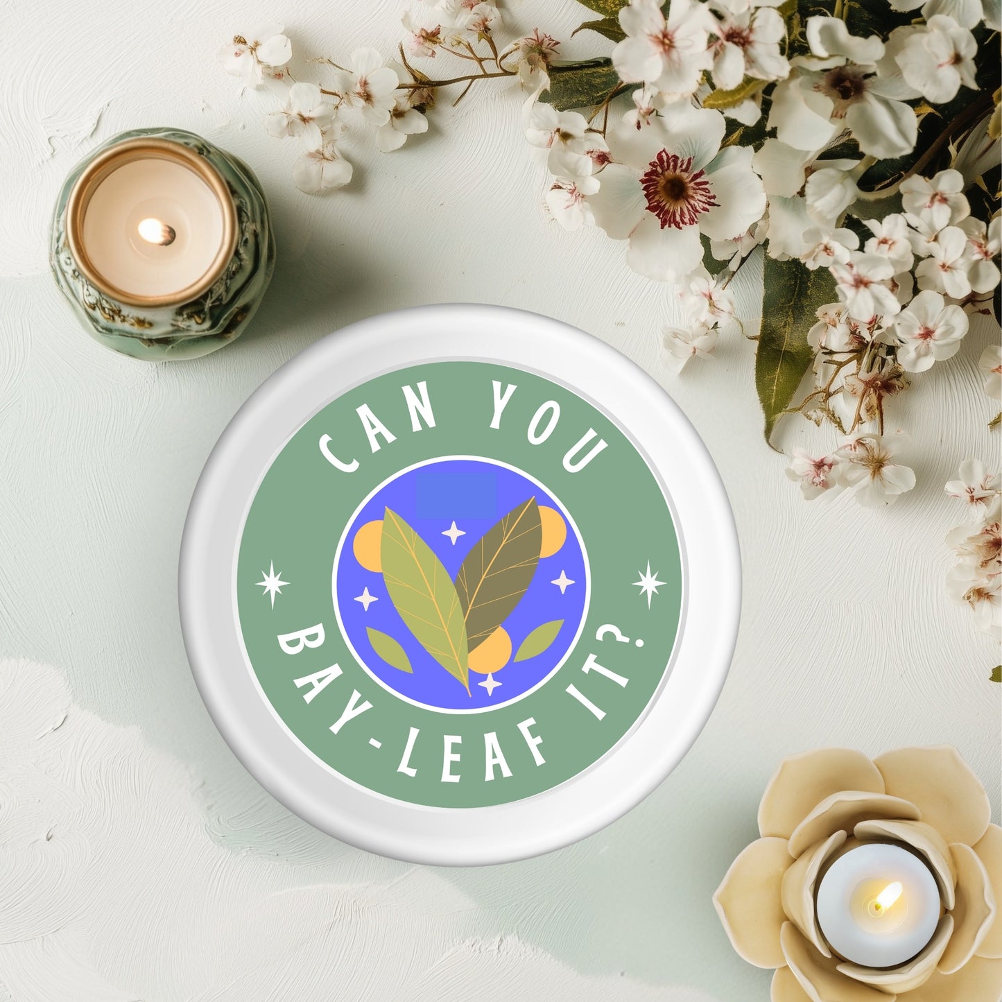 Close-up view of the Can You Bay-Leaf It? fun spice jar sticker, highlighting its waterproof and durable features perfect for decorating spice jars and plant pots.