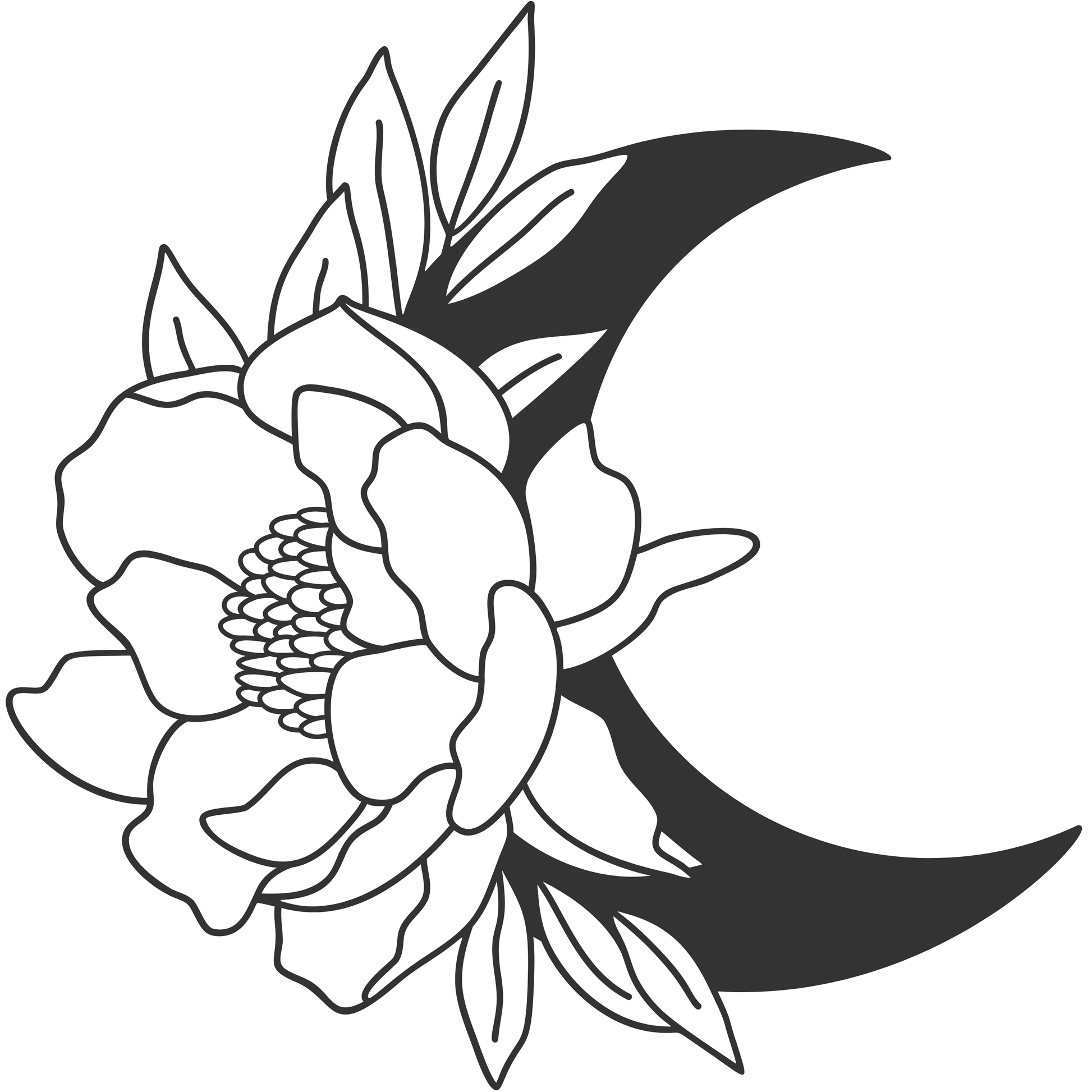 Close-up of the Lunar Garden Waterproof Vinyl Sticker, featuring an intricate crescent moon design surrounded by beautiful flowers, making it an ideal crescent moon sticker.