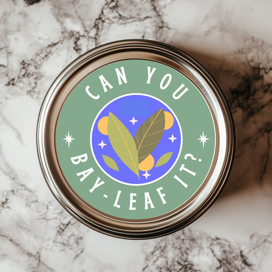 Can You Bay-Leaf It? Fun spice jar sticker designed for kitchen and plant lovers, showcasing a vibrant and whimsical design that adds character to your spice jars.