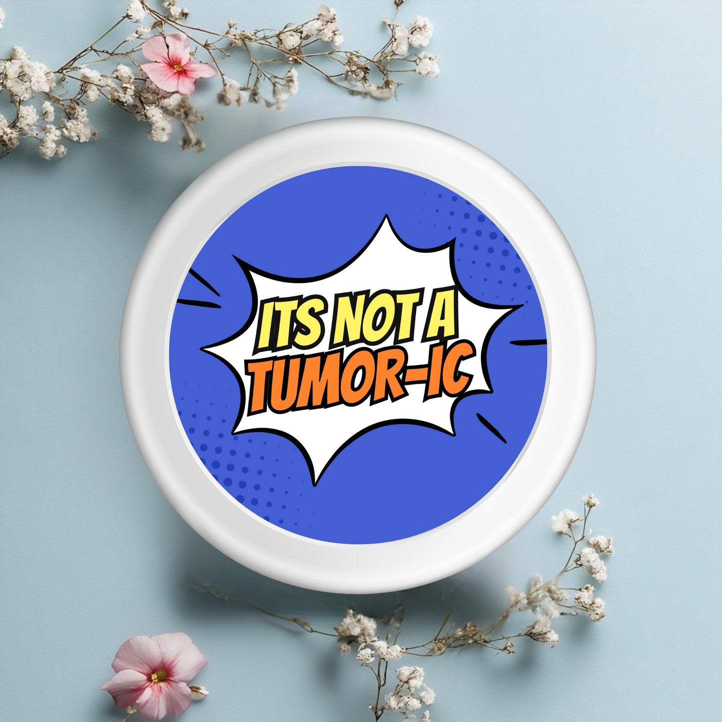 It’s Not a Tumor-ic Turmeric Sticker - a vibrant comic style pun vinyl decor perfect for spice jars, laptops, and gifts, featuring a witty turmeric joke and bright colors.