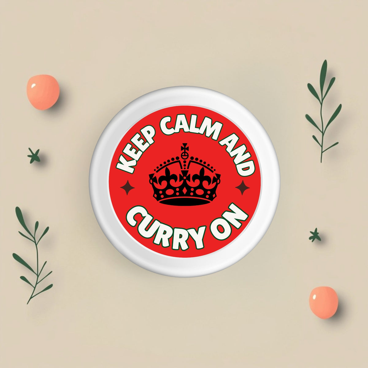 Keep Calm And Curry On Sticker - 2.25" Vinyl Kitchen Humor, Waterproof & Dishwasher-Safe sticker ideal for decorating kitchens and spice jars.