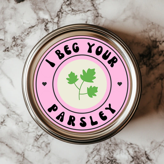 I Beg Your Parsley Sticker - Funny Herb Label, perfect for punny kitchen decor with a charming parsley leaf illustration, designed to add humor to your spice jars.