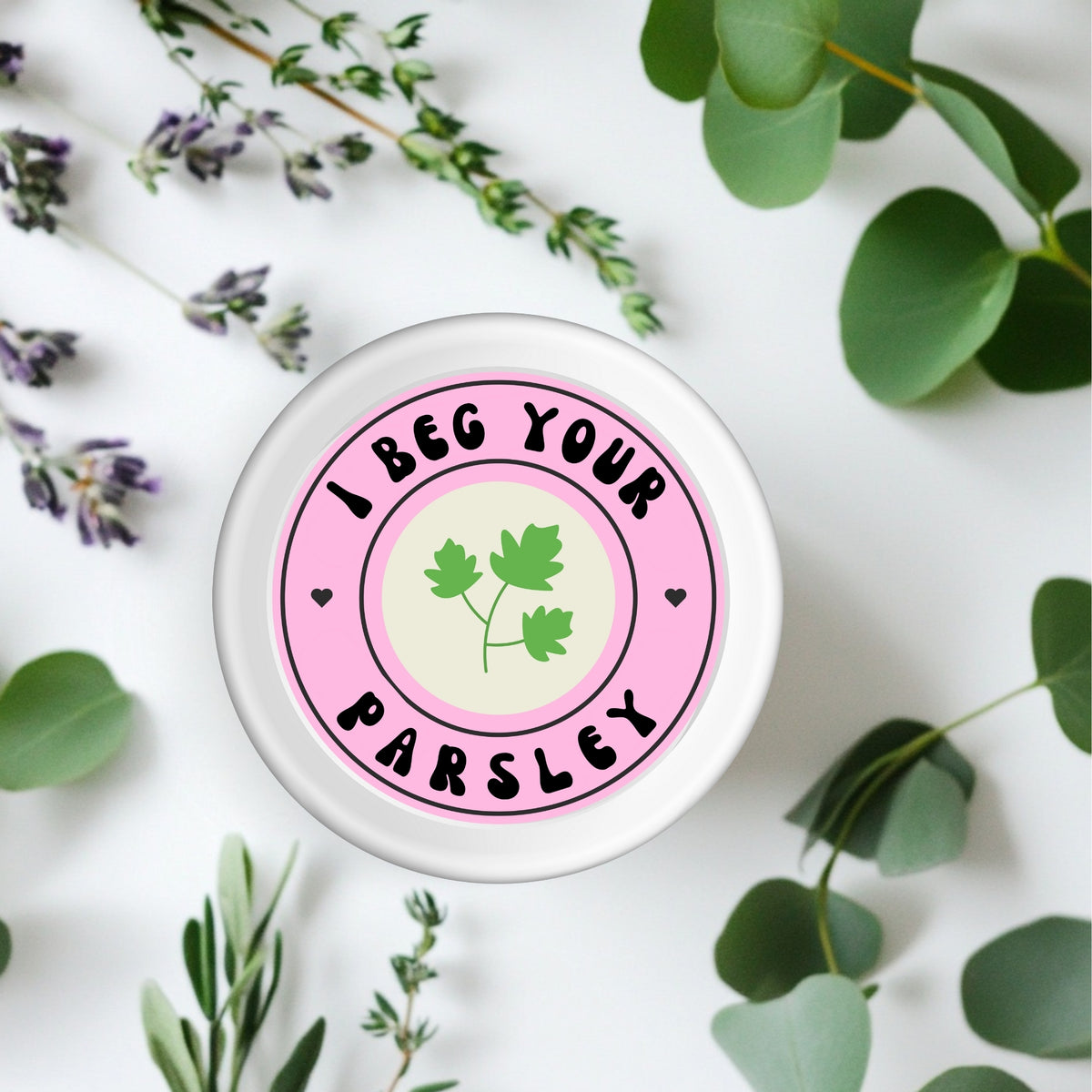 Stylish I Beg Your Parsley Sticker, waterproof vinyl design ideal for punny kitchen decor, showcasing a playful pun and vibrant colors for herb jar labeling.