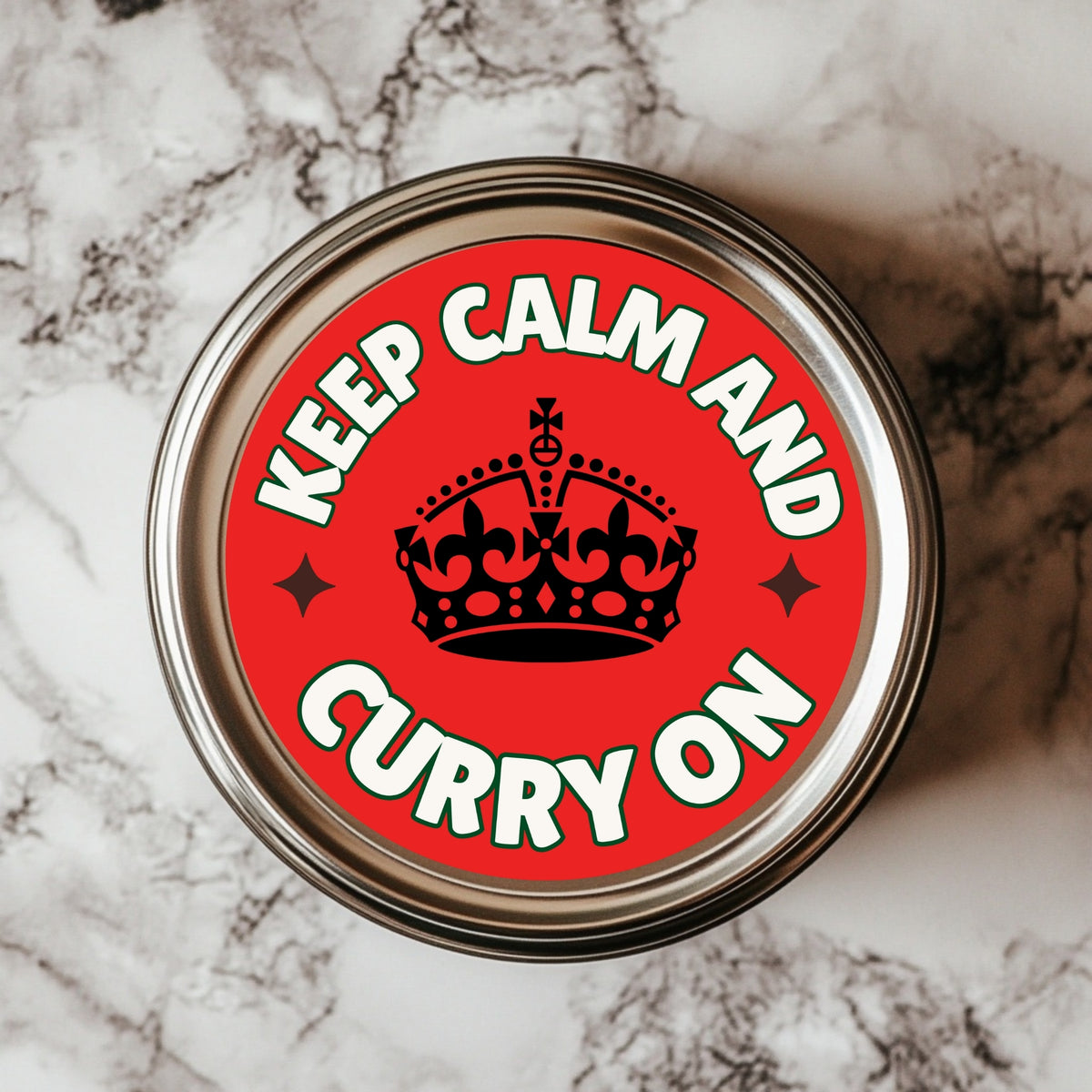 Keep Calm And Curry On Sticker - 2.25 inch vinyl kitchen humor sticker, featuring a playful design and waterproof durability for spice jars, laptops, and quirky home accents.