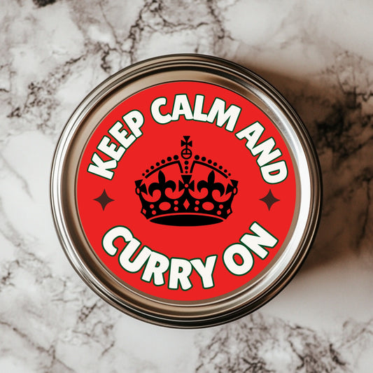 Keep Calm And Curry On Sticker - 2.25 inch vinyl kitchen humor sticker, featuring a playful design and waterproof durability for spice jars, laptops, and quirky home accents.
