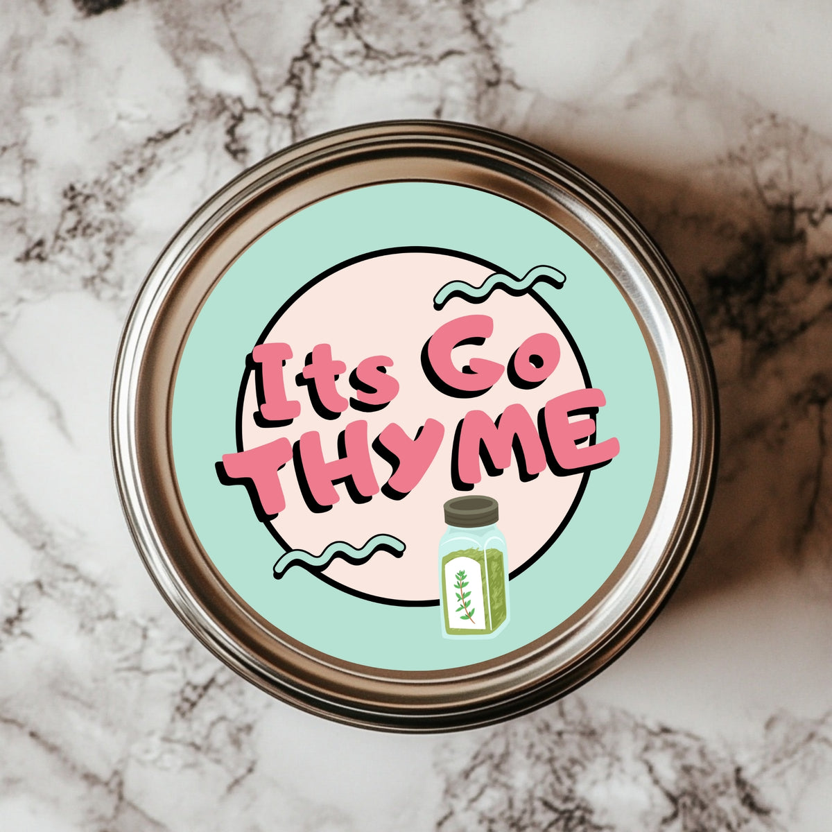 It’s Go Thyme Motivational Herb Sticker - 2.25" Vinyl, Waterproof, Dishwasher-Safe, perfect as funny spice jar labels for herb enthusiasts and kitchen organizers.