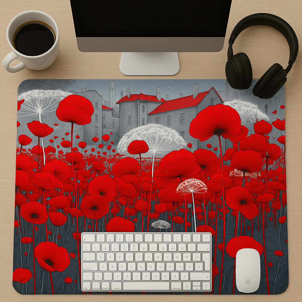 Fantasy Poppy Desk Mat featuring a vibrant design, perfect for enhancing your gaming and work setup with its anti-slip surface and durable 3mm thickness.