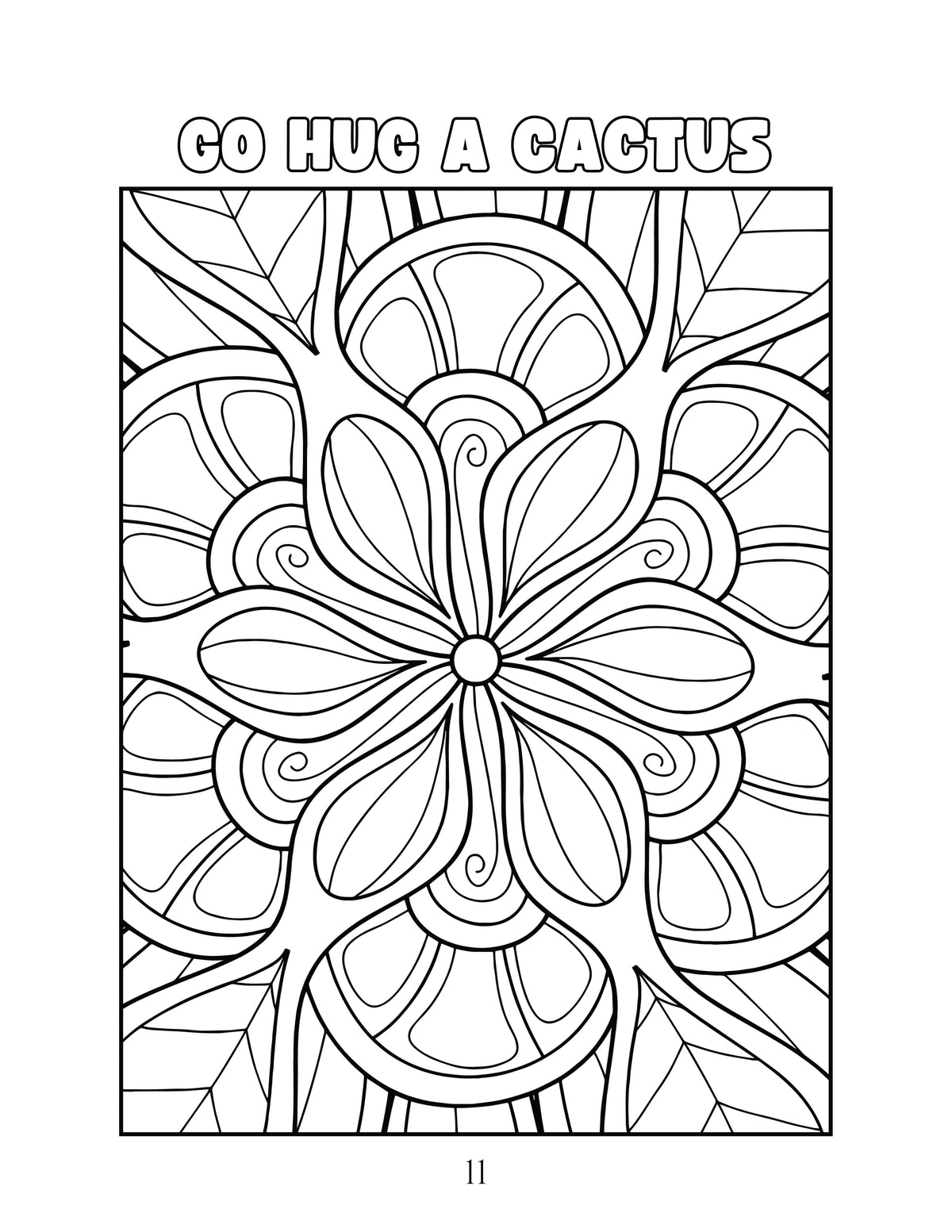 Coloring page with a cactus design and 'Go Hug a Cactus' text.