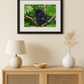 Framed picture of a black bear on a wall above a wooden cabinet with decorative items.