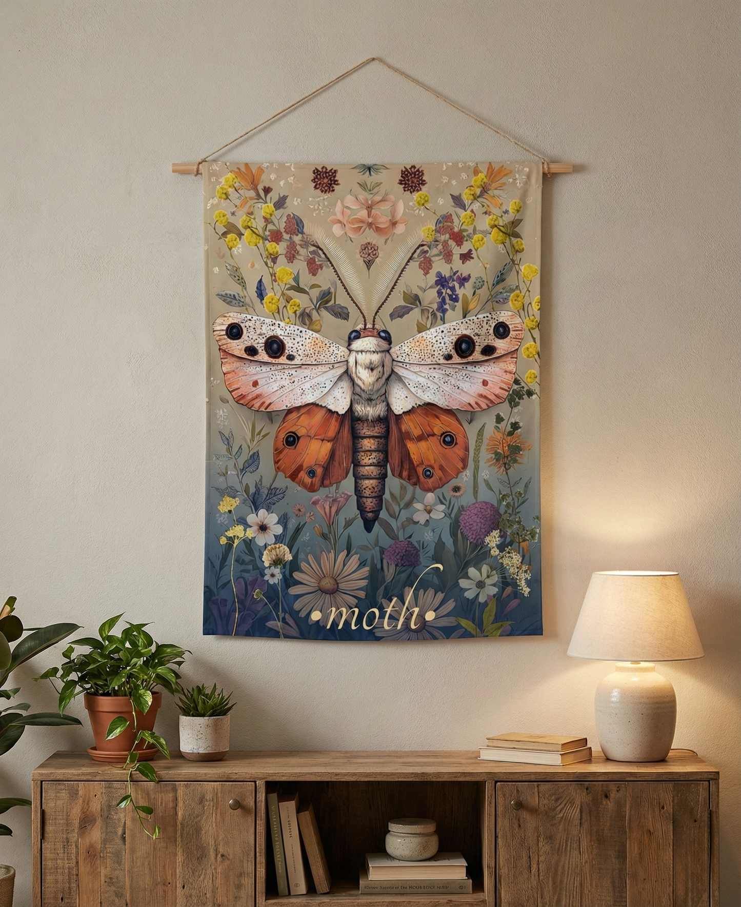 Luminous Moth Wall Tapestry showcasing intricate wildflowers and delicate moth wings, perfect for nature-inspired home décor.
