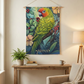 Colorful Tropical Parrot Wall Tapestry, vibrant tropical wall decor featuring a stunning parrot amid lush jungle flowers, perfect for boho and meditation spaces.