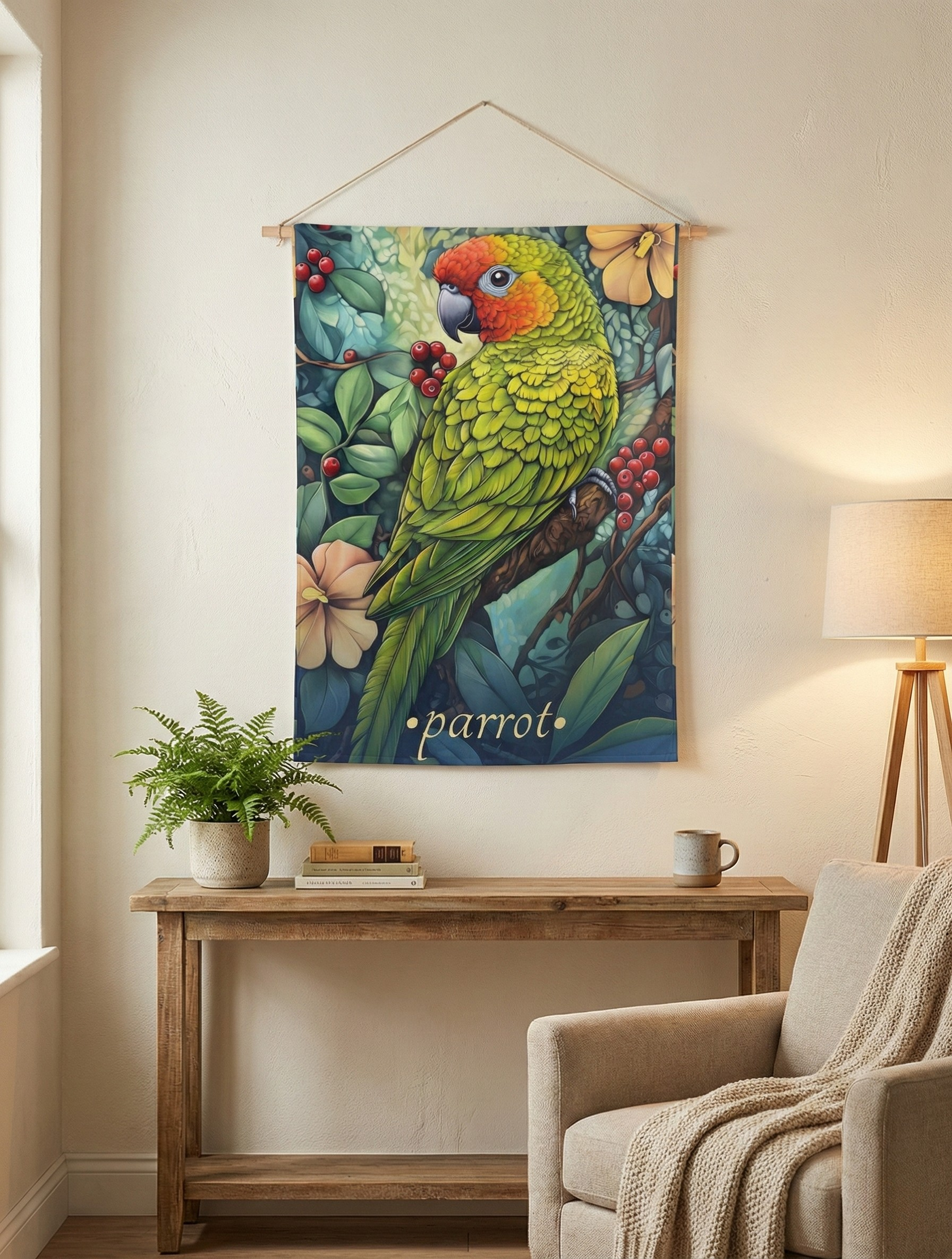 Colorful Tropical Parrot Wall Tapestry, vibrant tropical wall decor featuring a stunning parrot amid lush jungle flowers, perfect for boho and meditation spaces.