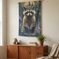 Charming Raccoon Wall Tapestry, a stunning example of nature wall decor, featuring vibrant illustrations of a curious raccoon amidst enchanting woodland motifs to beautify your living space.