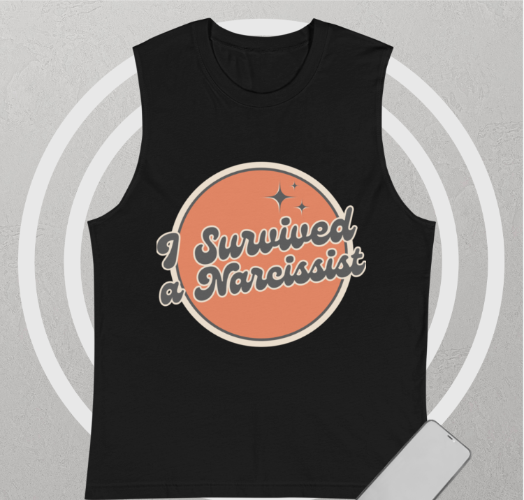 I Survived A Narcissist Soft Sleeveless Muscle Shirt showcasing stylish design, perfect for casual outings or workouts, a must-have Psychology humor tank top.