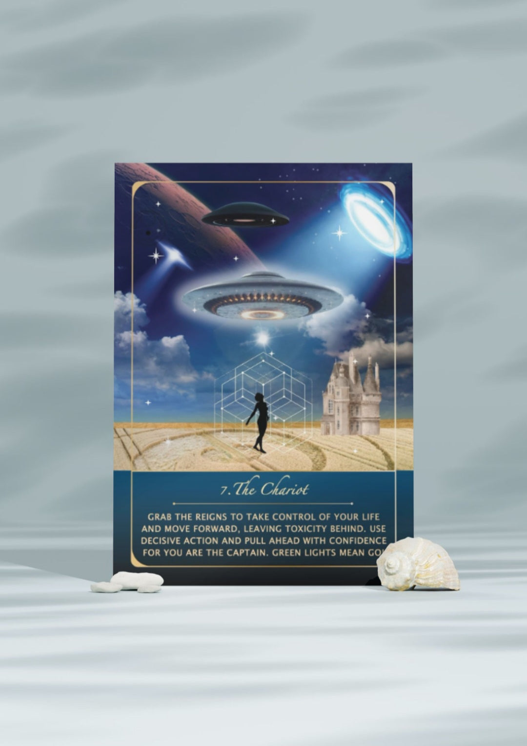 Futuristic card with UFO and alien on a gray background