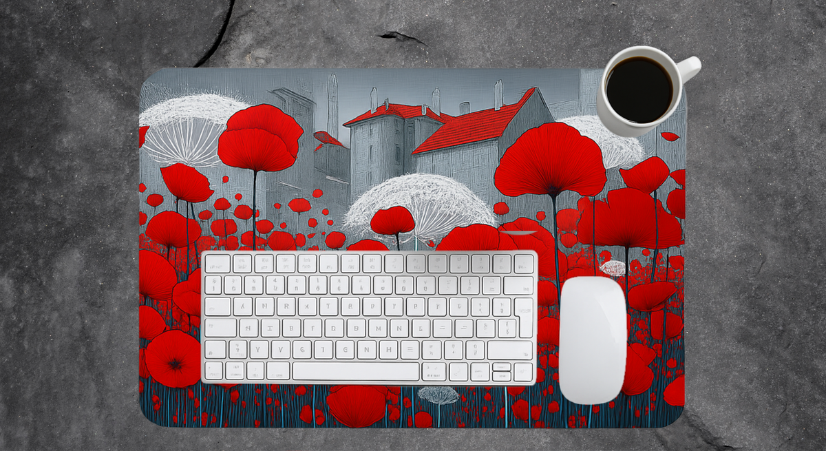 Stylish Fantasy Poppy Desk Mat shown in a modern workspace, designed with a smooth polyester top and steady natural rubber base for ultimate performance.