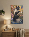 Whimsical Skunk Wall Tapestry featuring a charming skunk among wildflowers, perfect for cozy cottagecore and bohemian decor, made of durable 100% polyester for vibrant indoor art.