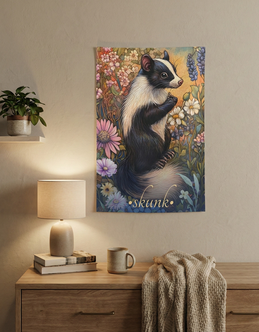 Whimsical Skunk Wall Tapestry featuring a charming skunk among wildflowers, perfect for cozy cottagecore and bohemian decor, made of durable 100% polyester for vibrant indoor art.