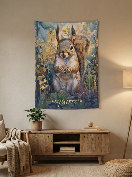 Sweet Squirrel Wall Tapestry featuring a whimsical woodland design with a cute squirrel holding a tiny blue flower, made of 100% durable polyester, perfect for cozy nature decor.