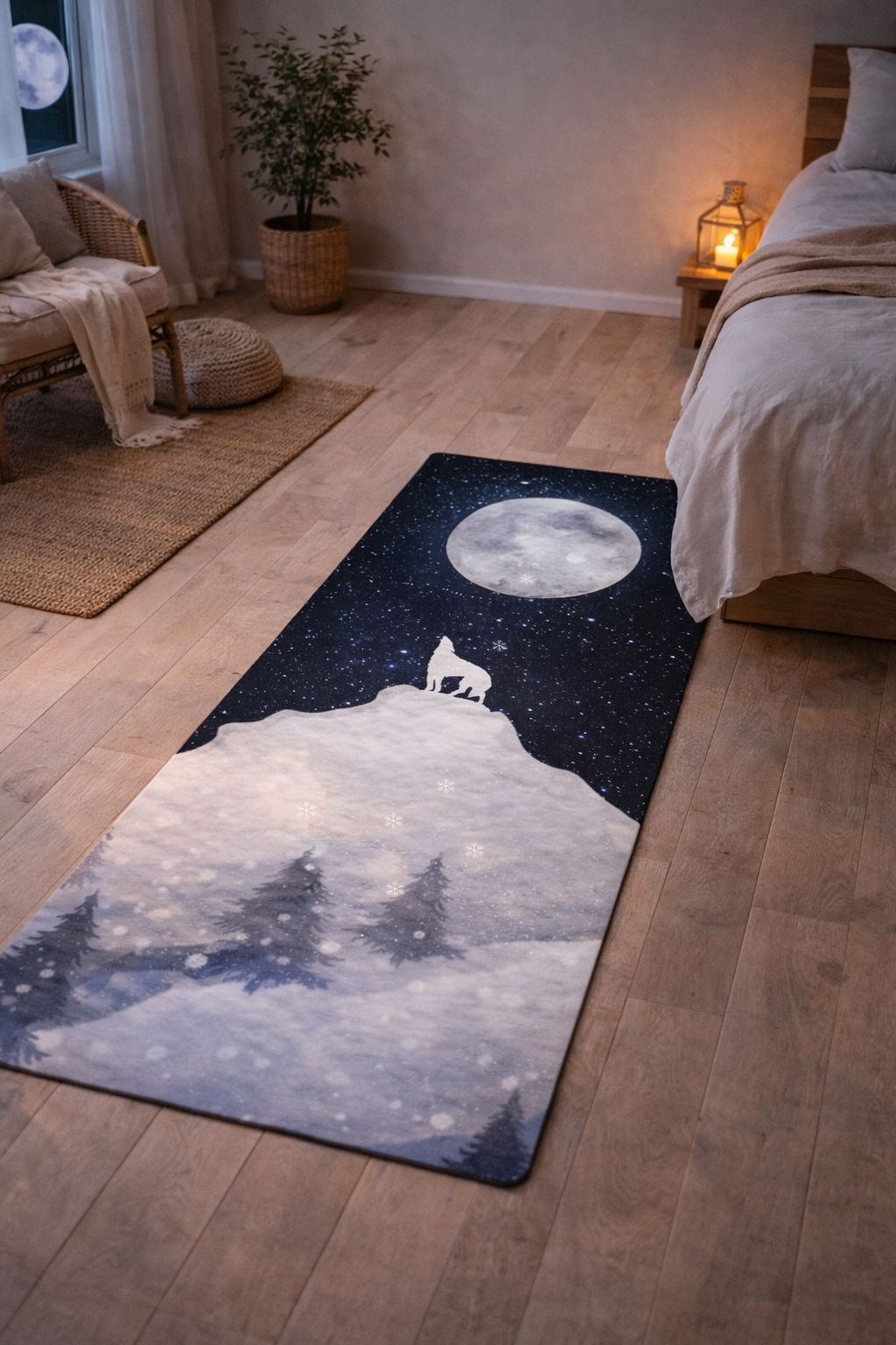 Howling Moon Yoga Mat featuring a luxurious soft microsuede top with an anti-slip rubber base, perfect for a stable yoga practice. This 24"x68" microsuede yoga mat is designed for comfort and performance.