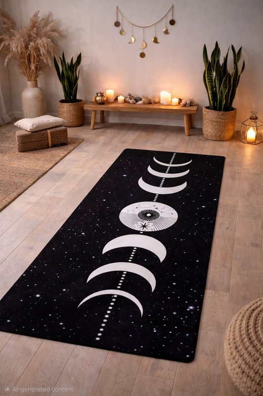 Moon Cycles Yoga Mat showcasing its soft microsuede top and anti-slip rubber base, perfect for enhancing stability and comfort during yoga practice.