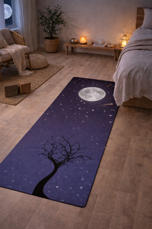Meteor Shower Yoga Mat showcasing its soft microsuede top and anti-slip rubber bottom, perfect for yoga practice, measuring 24" x 68".