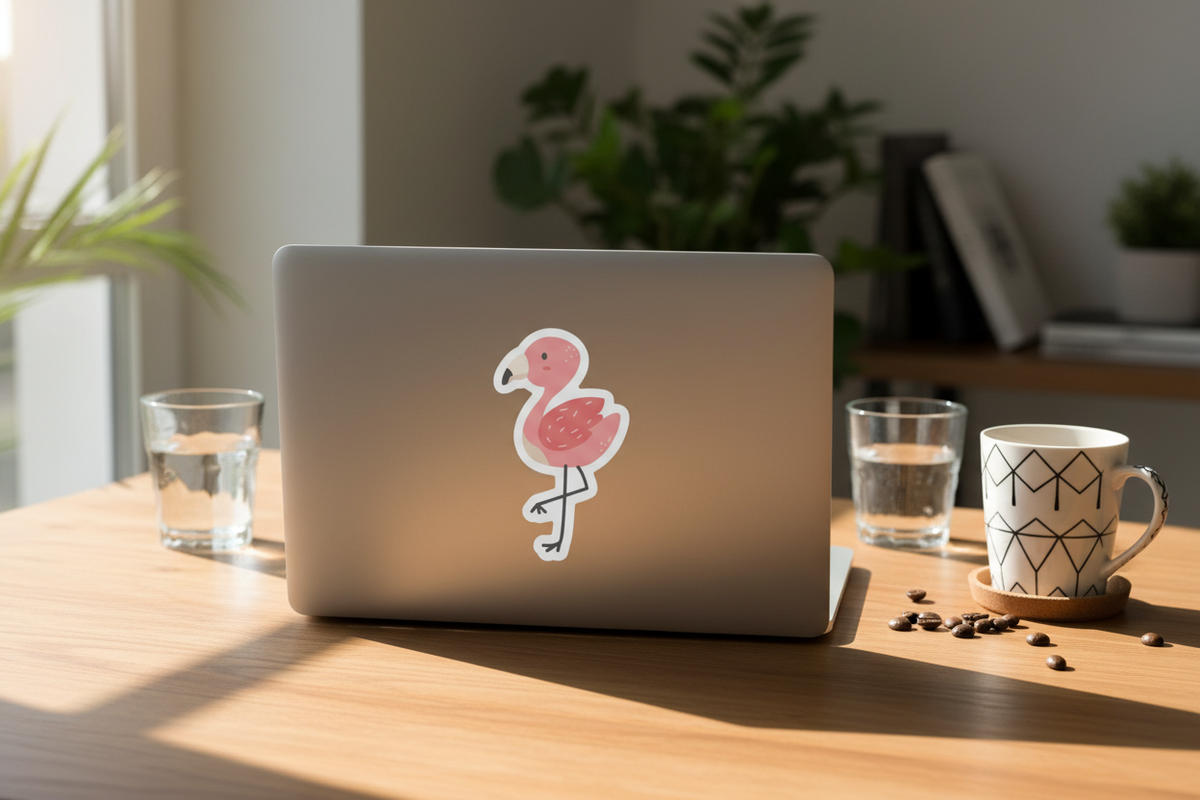 Flamingo sticker on MacBook, desk flat lay