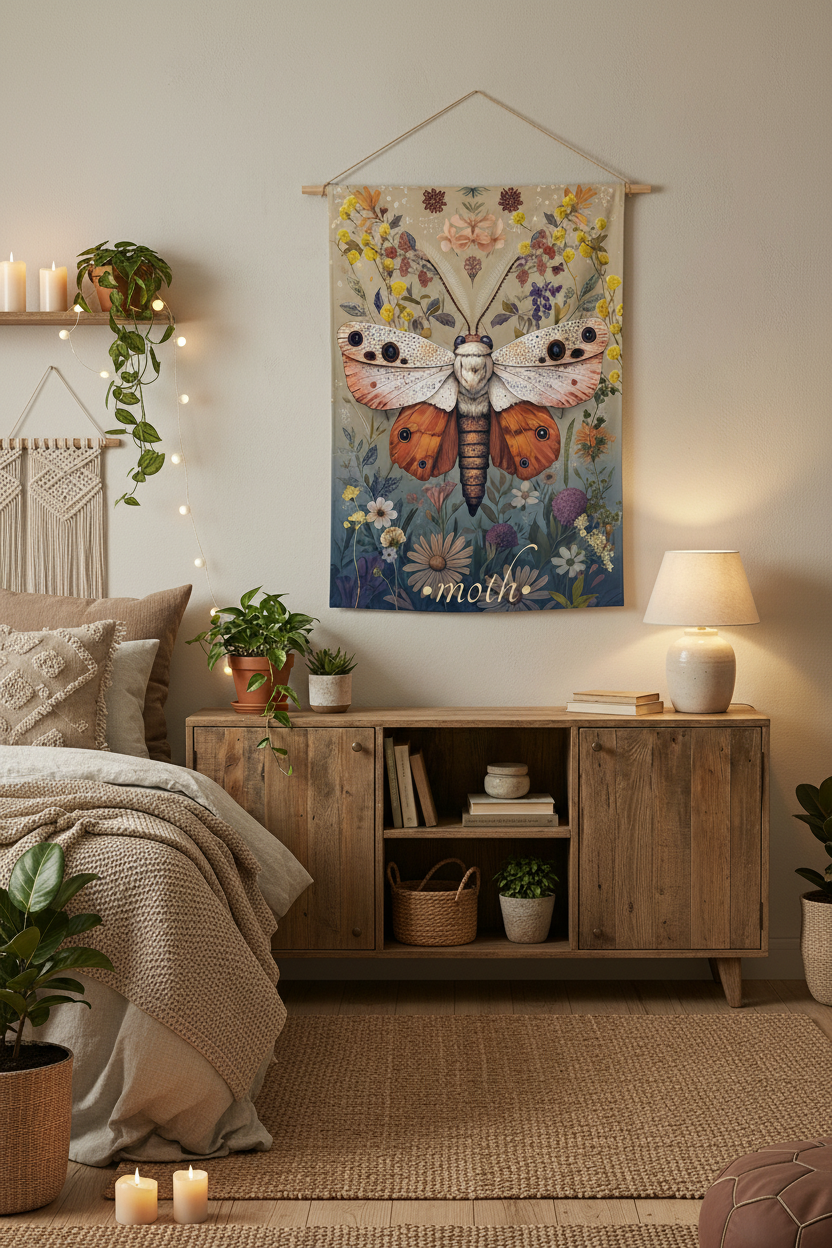 Luminous Moth Tapestry Bedroom Mockup 1