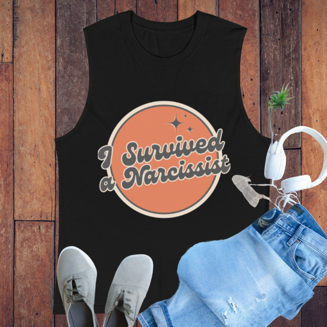 Comfortable I Survived A Narcissist Soft Sleeveless Muscle Shirt, ideal for any relaxed occasion, featuring Psychology humor tank top vibes.