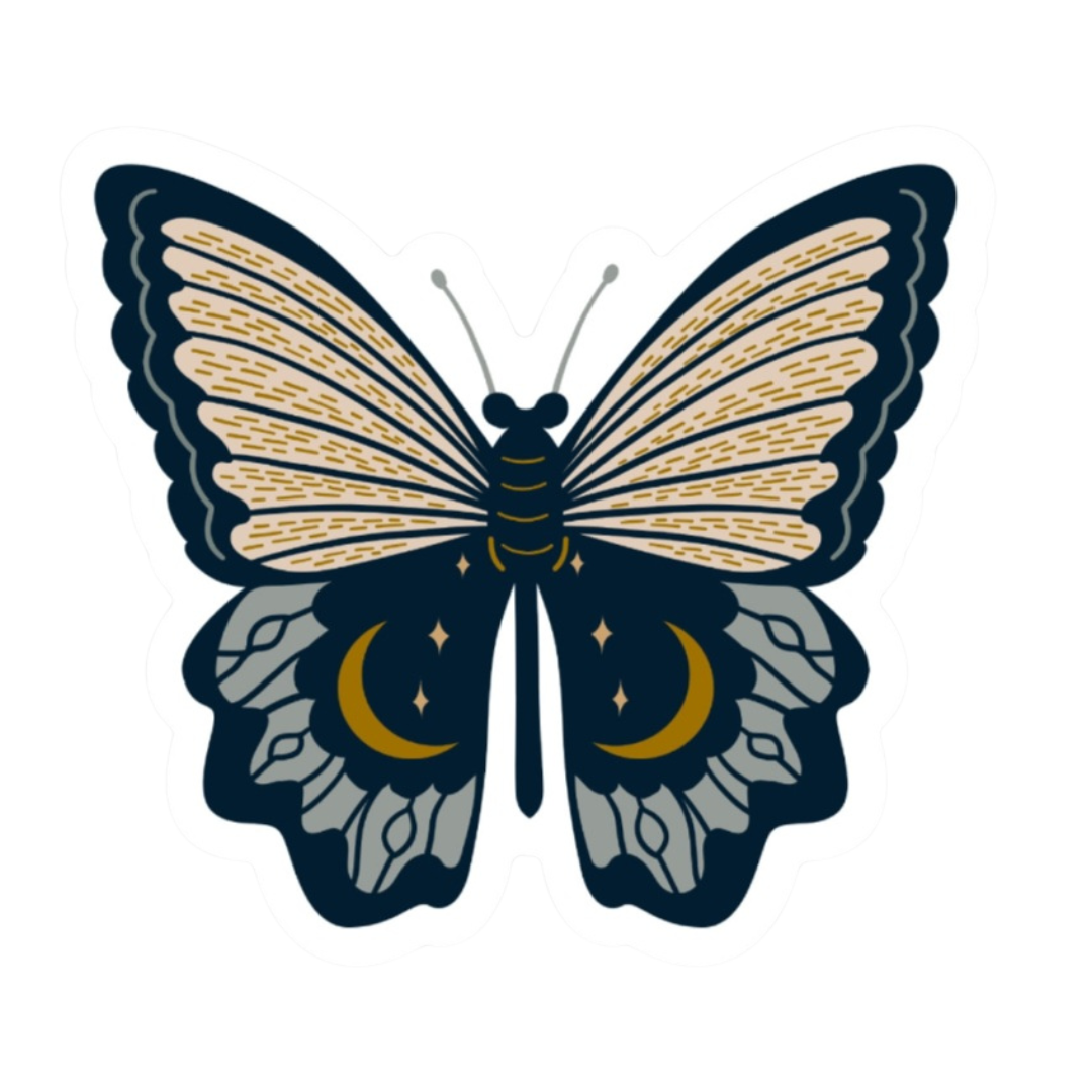 Close-up of the Black Moonlit Butterfly Sticker highlighting its intricate patterns and rich colors, ideal for anyone enchanted by black butterfly sticker designs.