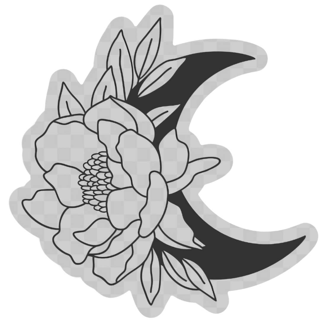 The Lunar Garden Waterproof Vinyl Sticker against a textured surface, featuring a chic crescent moon design, ideal for those seeking a decorative crescent moon sticker.