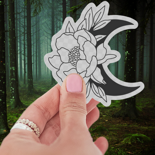 Lunar Garden Waterproof Vinyl Sticker showcasing an elegant crescent moon entwined with floral designs, perfect as a durable crescent moon sticker for decor.