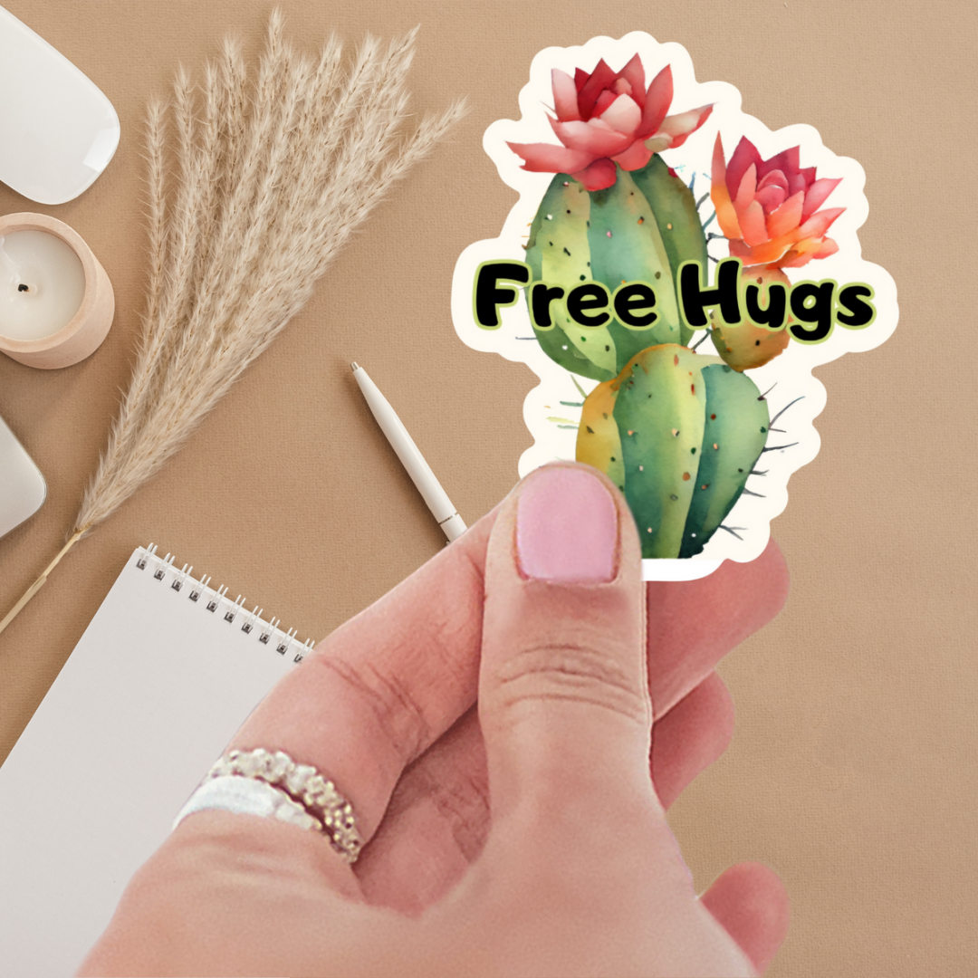 Vibrant Free Hugs Cactus Sticker showcasing a colorful cactus with flowers and "Free Hugs" message, perfect for customizing laptops, bottles, and planners.