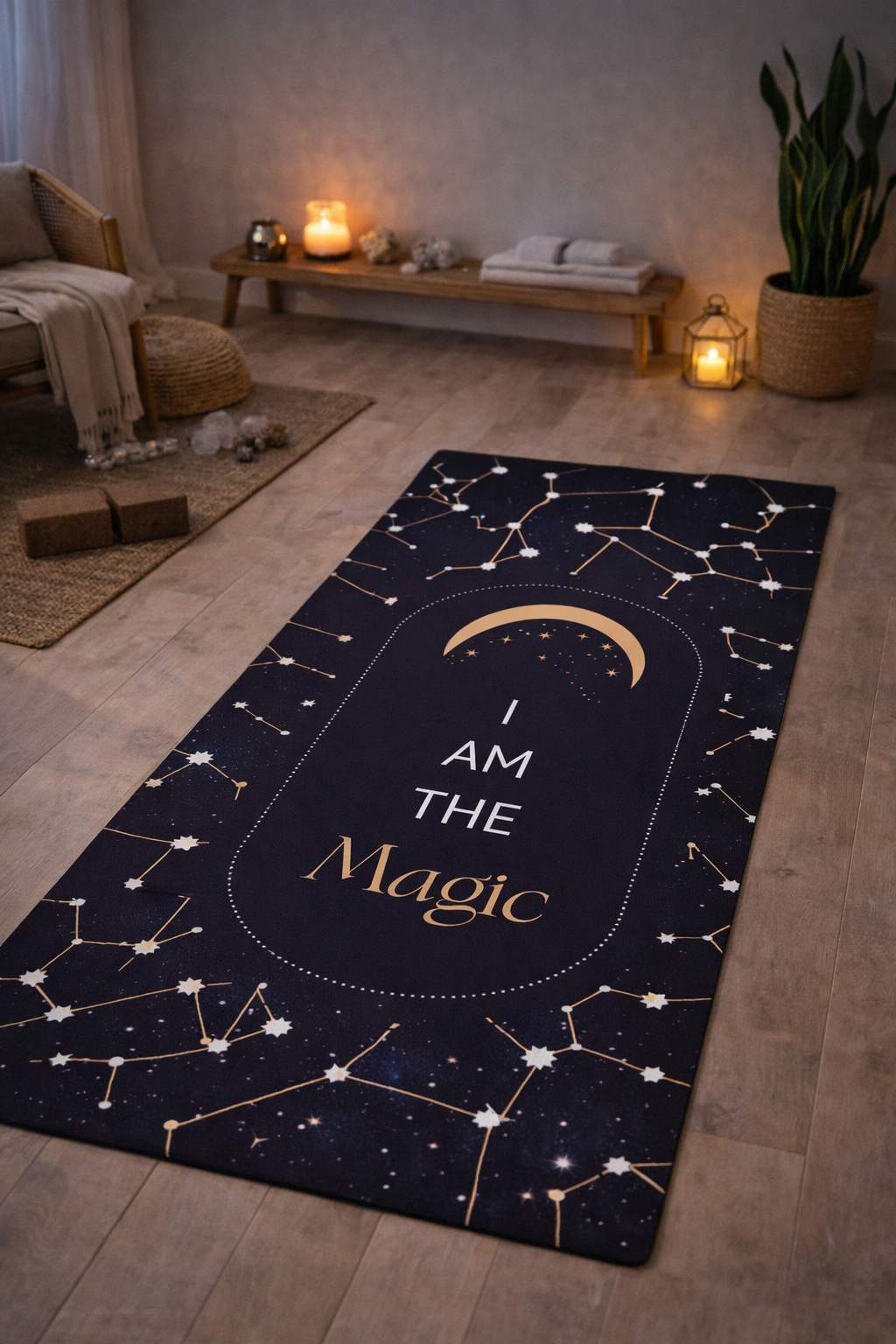 I Am The Magic Yoga Mat showcasing its vibrant design and soft microsuede surface, the perfect mystical yoga mat for yoga enthusiasts.