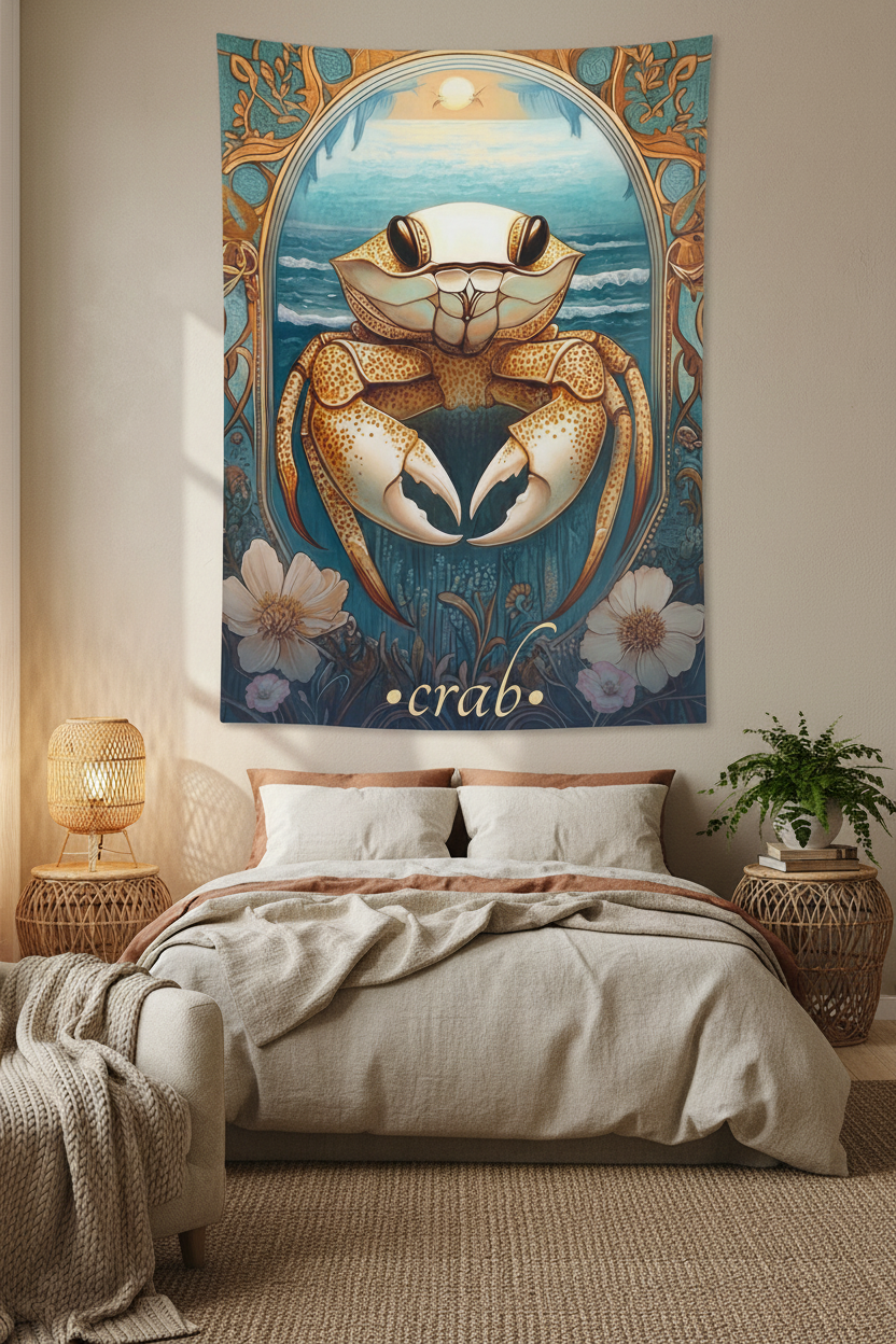 Spirit Crab Tapestry Bedroom Mockup 2
